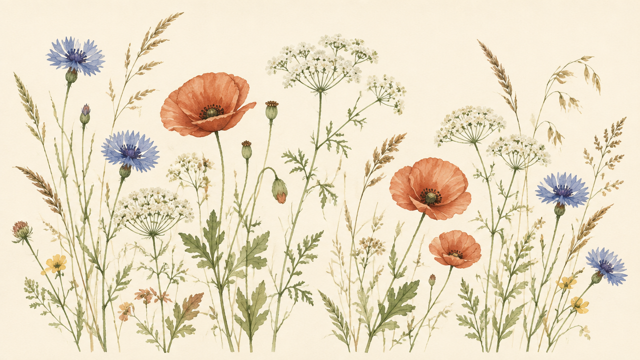 Watercolour illustration of English wildflowers